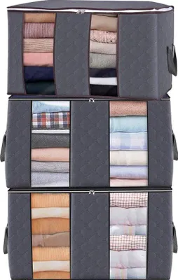 Produktbild von Unyqoos® Unterbett‑Aufbewahrungstasche – große, faltbare Aufbewahrungstasche für Kleidung & n, 3er‑Set grau, 60 x 43 x 35 cm, 90 L, dreilagiges Vliesstoff, verstärkte Tragegriffe (bis ca. 15 kg), Sichtfenster, Zweiwege‑Reißverschluss