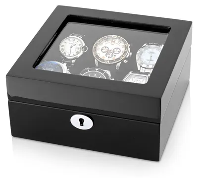 Image de Boîte de rangement premium pour montres, en bois, pour 6 montres – finition laquée noire brillante et intérieur en velours noir