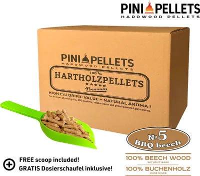 A cardboard box of Pini Hardwood Pellets with a green scoop of pellets in front of it.
