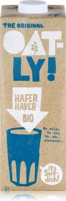 A carton of Oatly oat milk.
