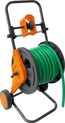 Immagine prodotto di Carrello portatubo Relaxdays, 60 m, raccordo a scatto, guida per il tubo, 2 ruote, plastica, acciaio, avvolgitubo, grigio/arancione