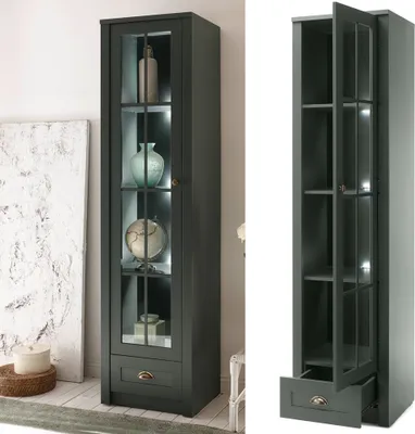 Produktbild von Landhaus Esszimmer Vitrine ATHEN-61 in edlem grün, inkl. Beleuchtung -  B/H/T: 50/197/43 cm