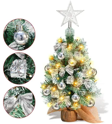 Produktbild von Ikodm Mini Weihnachtsbaum Tannenbaum Künstlicher Christbaum mit LED-Lichterkette, Tischdeko mit Christbaumkugeln und Schleife, 40cm Silber