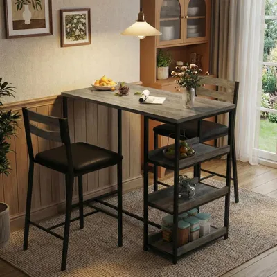 Immagine prodotto di Set tavolo da pranzo per 2 persone con 3 ripiani portaoggetti, 2 sedie imbottite, colore grigio