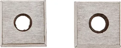 Two square metal blades with circular holes in the center, presented side-by-side on a white background.