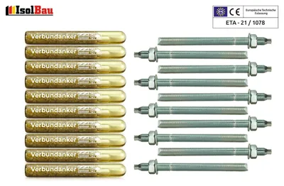 Set 10x Verbundankerpatrone M12 + Ankerstange M12 x220mm Verz. ETA Mörtelpatrone