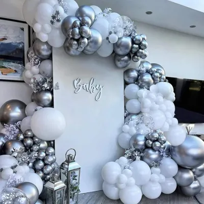 Image de Kit de guirlande de ballons : 144 pièces, blanc et argent métallisé, ballons à confettis pour anniversaires, mariages, fêtes de naissance