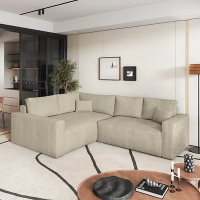 Produktbild von Masseno Ecksofa ERONIS L-S mit Schlaffunktion L-Form, Sofa mit Bettkasten, Wohnzimmersofa, Couch, Soffa, Bettsofa, Couchgarnitur- Creme, POSO 100