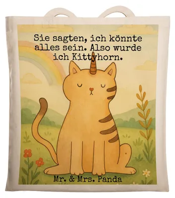 Produktbild von Mr. & Mrs. Panda Jutebeutel Einhorn Katze Design - Weiß - Geschenk, Unicorn, Regenbogen, Tasche, Glitzer, Shopping, Mieze, Tote Bag, Laptoptasche, Einkaufstasche