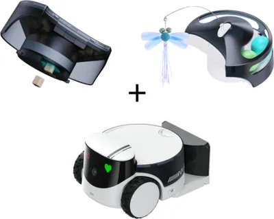 A collage of three different product components, likely for a pet robot, with a plus sign in the middle indicating they are sold together.
