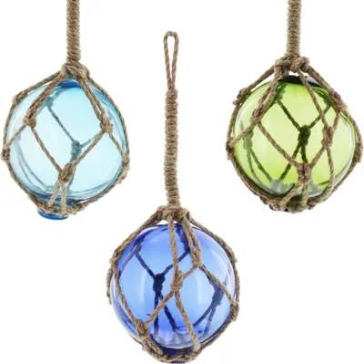 Produktbild von FRANK FLECHTWAREN Maritime Deko-Glaskugel Netz im 3er Set Maritim, Verschiedene Dekorationsmöglichkeiten, ca. Ø 9 cm, GH 25 cm