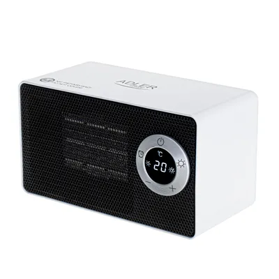 A white Adler AD 7746 heater with a black grille and a digital display showing '20°C'.
