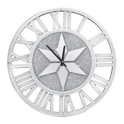 A decorative wall clock with Roman numerals and a starburst design.