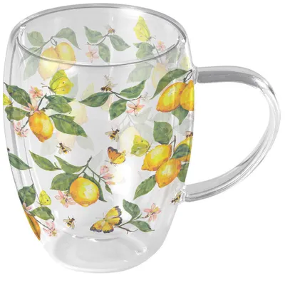 Produktbild von Doppelwandiger Glasbecher Ø 8,5 h 11 cm 0,35 L frische Zitronen Schmetterlinge weiß
