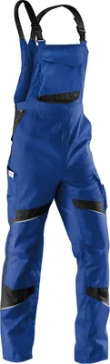 A pair of blue work overalls with black accents.
