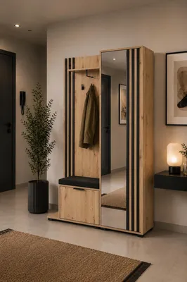 Produktbild von MOEBLO Flurgarderobe JOHN – Kompaktgarderobe mit Sitzkissen, Dielenschrank mit Spiegel, Schuhschrank, Kleiderhaken und Regal für Flur und Diele 131x197x40 cm - Artisan Schwarz mit Sitzkissen