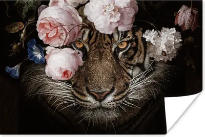 Produktbild von MuchoWow® Poster Tiger - Blumen - Porträt 60x40 cm - Schlafzimmerdekoration
