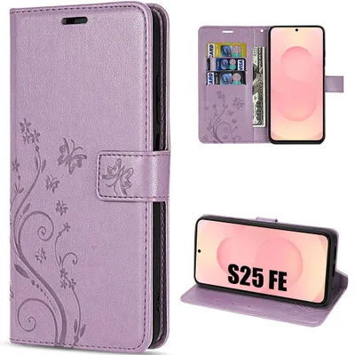 Image de Coque pour Samsung Galaxy S25 FE, Flip Case Cuir Synthétique Anti-Rayures Motif Plante Papillon Violet