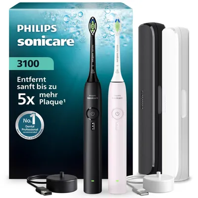Image de Brosse à dents électrique Philips Sonicare série 3100, modèle HX4072/42, pour adultes, technologie sonique, pour un nettoyage quotidien, 31 000 pulsations par minute, couleurs : noir, rose, minuteur de 2 minutes, avec 4 quadrants de 30 secondes