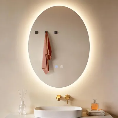 Image de Miroir de salle de bain ZMH LED 60 x 80 cm, lampe intégrée, miroir mural, interrupteur tactile, fonction anti-buée, miroir éclairé, intensité réglable, ovale