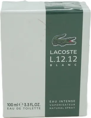 A product box for Lacoste L.12.12 Blanc Eau Intense Edt Spray.