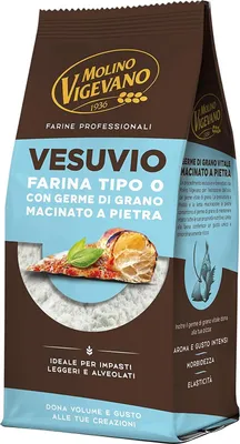 Produktbild von 3x Molino Vigevano Farina Typ "0" Mehl, Vesuvio für hohe, weiche neapolitanische Pizza. Packung mit 500 g