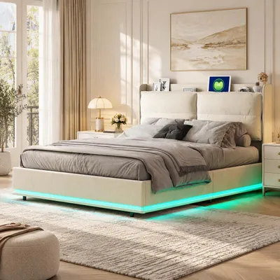 Immagine prodotto di Letto imbottito INONEFT, 160x200 cm, con illuminazione LED, letto per ragazzi con testiera contenitore e ricarica wireless, letto con sistema di sollevamento idraulico, rivestito in velluto color beige, Immagine generata dall'IA
