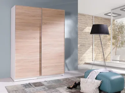 Obrázek produktu pro Šatní skříň 150 cm s posuvnými dveřmi WADENA 4 - bílá / dub sonoma