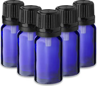 Produktbild von 5x Blaue Glasflasche 10 ml mit schwarzem Tropfeinsatz​ Glasfläschchen