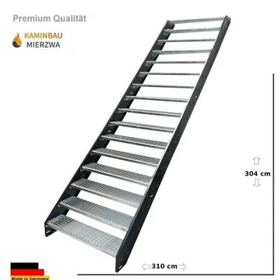 Obrázek produktu pro Podélné schodiště Ocelové schodiště Mřížové stupně 16 stupňů - pozinkované s práškově lakovanými podélníky v antracitové barvě RAL 7016 (š x v x h) 120 x 304 x 310 cm
