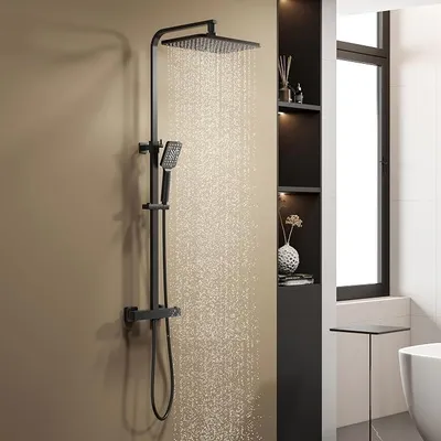 Produktbild von Duscharmatur Komplettset, Duschsystem mit Thermostat, Duscharmatur Schwarz,Kopfbrause, Duschkopf mit Schlauch und Halterung, Regendusche mit armatur Schwarz