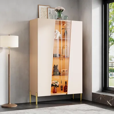 Produktbild von okwish Vitrine mit 3 Glasböden und LED Beleuchtung, Highboard mit Viel Stauraum,Metallgriff, Aufbewahrungsschrank Beige