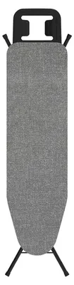 A top-down view of a gray ironing board with black legs and a black handle.