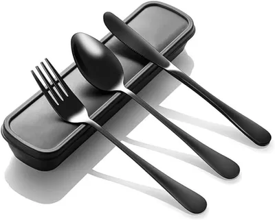 Produktbild von Reisebesteck 3-teilig, Edelstahl, schwarz, spülmaschinenfest, für unterwegs