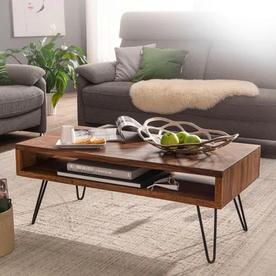 Produktbild von WOHNLING Couchtisch 100x40x50 cm Sheesham Massivholz / Metall Sofatisch Design Wohnzimmertisch Rechteckig Kaffeetisch Massiv Großer Tisch Wohnzimmer