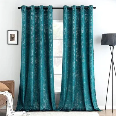 Immagine prodotto di Set di tende con anelli, dorate, in velluto, opache, con occhielli, rivestimento in pellicola, stampa, tende dorate, tende con anelli, per camera da letto e soggiorno, 140 x 245 cm (L x A), blu-verde