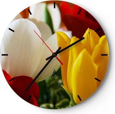 Produktbild von Wanduhr - Rund - Glasuhr - Tulpen Vase Blumenstrauß - 30x30cm - Schleichendes Uhrwerk - Lautlos - zum Aufhängen bereit - Dekoration Modern - Wanddekoration aus Glas - C3AR30x30-1366