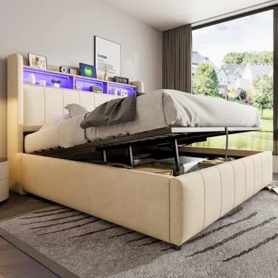 Produktbild von Zubaliya Doppelpolsterbett - 160x200 cm Beige - Leinenstoff - LED - Hydraulikstauraum