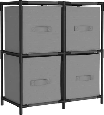 A four-cube storage unit with gray fabric bins, shown against a white background.