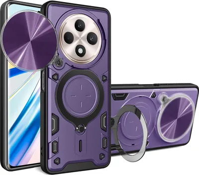Immagine prodotto di Custodia per Oppo Reno12 F 5G Custodia resistente a doppio strato con copertura della fotocamera e supporto circolare ad anello Viola