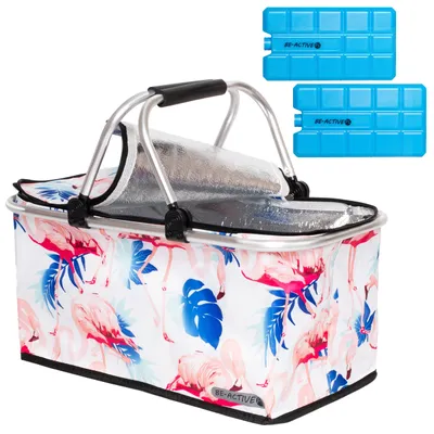 Produktbild von Einkaufskorb faltbar 30L – Thermo Picknickkorb Isolierkorb mit 2x Kühlakkus rosa Flamingo