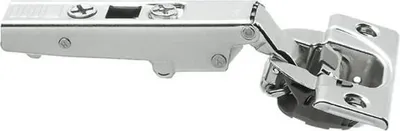 A single cabinet hinge is shown against a white background.
