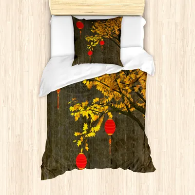 Produktbild von ABAKUHAUS Laterne Mantele, Herbst-Baum-Weinlese, Milbensicher Allergiker geeignet mit Kissenbezügen, 135 cm x 200 cm - 80 x 80 cm, Rot Orange Braun