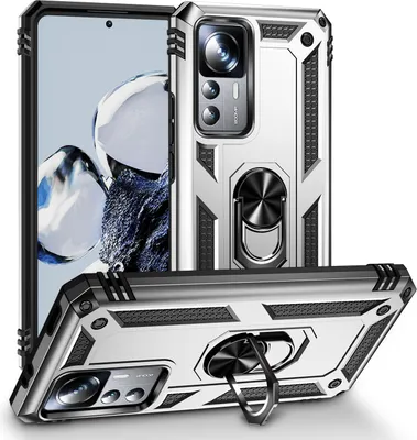 A silver and black phone case with a ring holder is displayed from multiple angles.