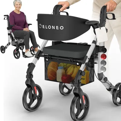 Zdjęcie produktu dla Składany i lekki wózek inwalidzki ELONEO 2w1 z siedziskiem, składany wózek inwalidzki do użytku na zewnątrz, aluminiowa pomoc w chodzeniu dla seniorów - srebrny