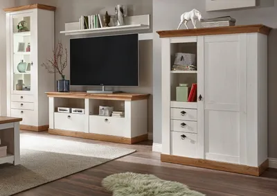 Produktbild von Wohnwand "Hemsby" in weiß Pinie und Eiche Wotan Landhaus Schrankwand 4-teilig