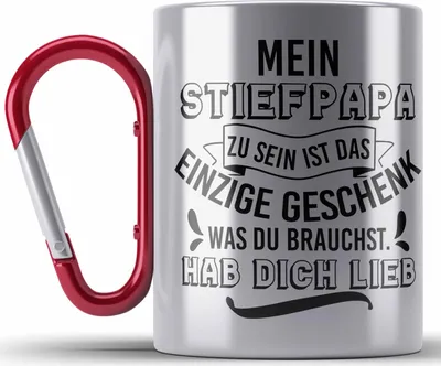 Produktbild von Trendation - Stiefpapa Edelstahl Tasse Karabiner Spruch Geschenk Lustige Sprüche Stiefvater Geschenk Geburtstag Geburtstagsgeschenk (Rot)