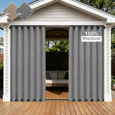 Image de Rideau d'extérieur résistant aux intempéries avec œillets en haut et en bas, 100% occultant, résistant au vent et assurant l'intimité, aspect lin, 260 GSM, idéal pour balcon, terrasse, pergola, 254 x 274 cm, couleur gris