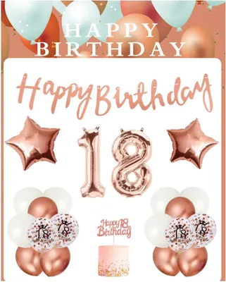Produktbild von Aufblasbares Partyzubehör 18. Geburtstag Deko Set Roségold mit Luftballons, Girlande, Zahlenballon, Konfetti – Mottoparty Deko