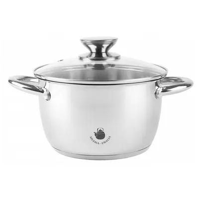 A stainless steel pot with a glass lid is shown against a white background.